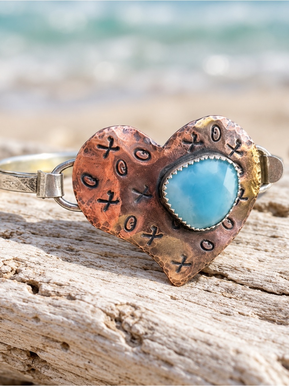 Heart Locking Bracelet, Larimar Stone, Hammered Copper Sterling Silver, Boho